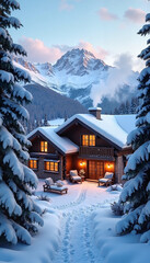 Fototapeta premium Charming wooden house in snowy landscape with mountains and warm lights during twilight