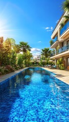 Fototapeta premium Modern Villa with Private Pool and Lush Tropical Garden, 3D Architectural Rendering of Luxury Resort