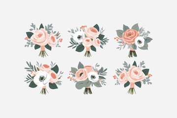 set of five delicate floral bouquets featuring pink roses vector illustration 