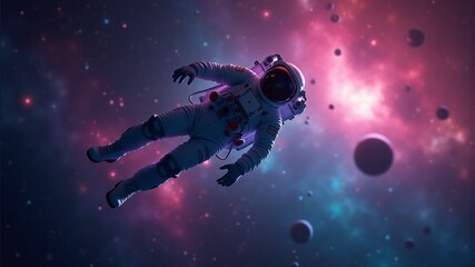 Naklejka premium an astronaut in a spacesuit somewhere in deep space, pink background from the glow of the stars