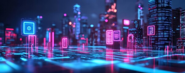 Fototapeta premium Blockchain integration, holographic data nodes, futuristic city skyline, neon-lit, digital economy