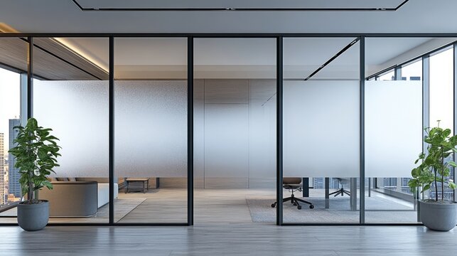 Modern frosted glass office doors with black frames. This photo is perfect for interior design projects, showcasing a stylish and professional office space.
