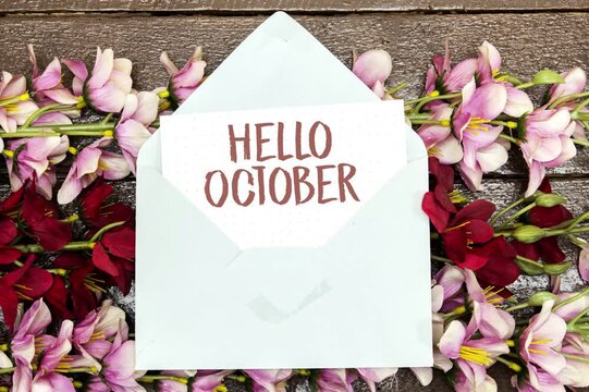 Hello October. fall season concept. paper card through the envelope with with flower Autumn mood inspiration background