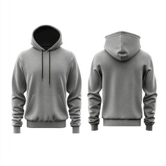 Front and back view of a gray hoodie with no print on background