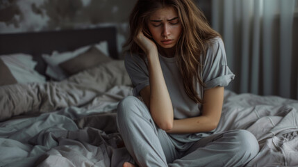Fototapeta premium Woman in Deep Thought Holding Her Head in Frustration