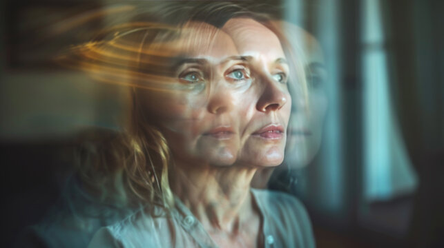 Surreal double exposure of a woman's face