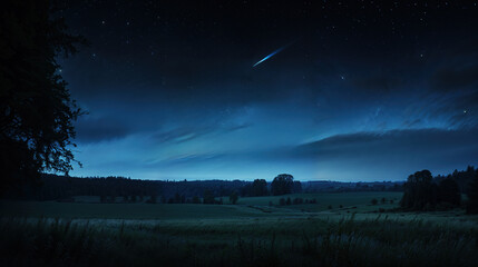 une comète traverse le ciel dans un paysage de campagne très tôt le matin