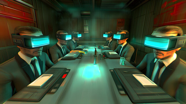  A dimly lit cybercafe showcases augmented patrons engaged in virtual activities, highlighting a futuristic, immersive environment with a stylish ambiance.