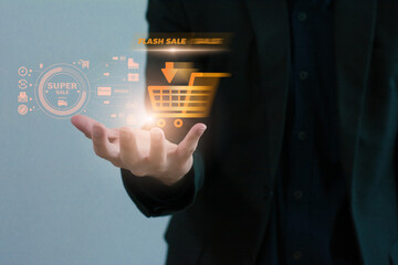 Futuristic concept online shopping,payment application 4.0 technology,businessman using laptop online shopping modern hologram virtual screen icon system connection process by artificial intelligence