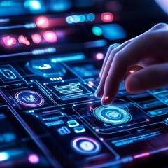 Obraz premium Blockchain smart contracts, virtual holographic interface, ultra-modern tech setting