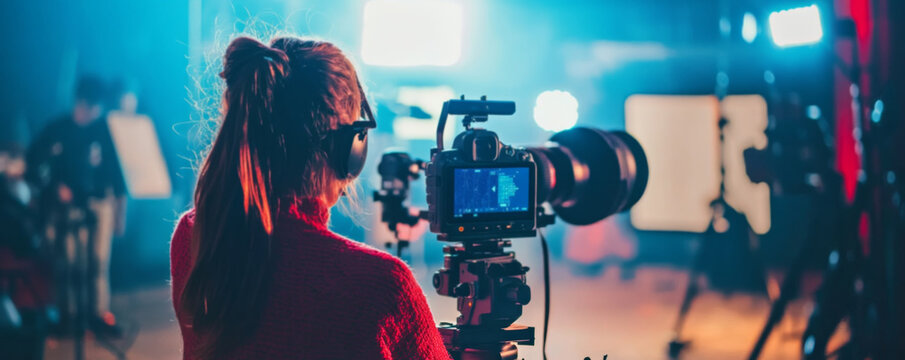 Videographer Filming in Studio with Professional Camera