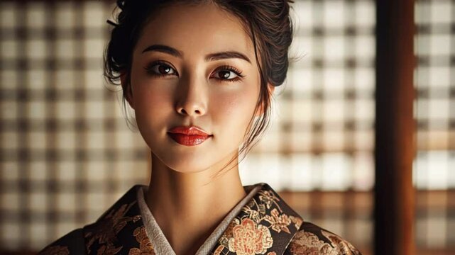 A portrait of an elegant Japanese woman with an understated hairstyle and minimal jewelry, standing in a traditional Japanese room