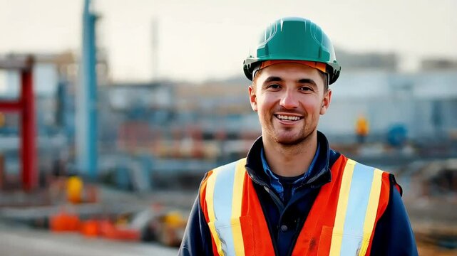 Construction Worker Sharing Insights on Camera at a Job Site. A builder assembler speaks to the camera, delivering insights and stories about their work.