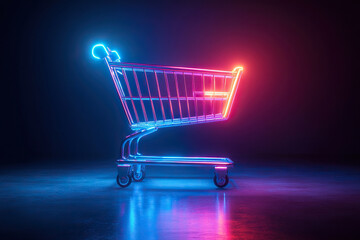 Metal shopping cart with neon glow on dark background. Shopping concept, online shopping and black friday.