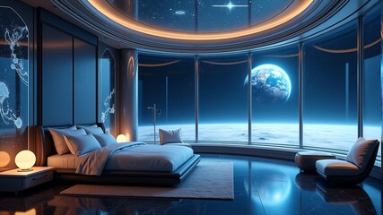 A view from a spaceship from a bedroom with a bed and a planet in space