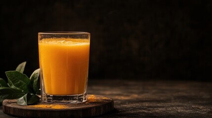 A refreshing glass of fresh orange juice on a wooden table, garnished with green leaves, against a dark background.
