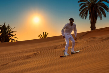 Man sand boarding on the sand dunes in Dubai desert