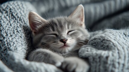 A small grey kitten sleeps peacefully curled up in a soft blanket.