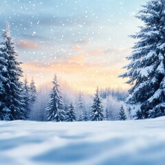 Fototapeta premium Frosty winter landscape in snowy forest. Christmas background with fir trees and blurred background