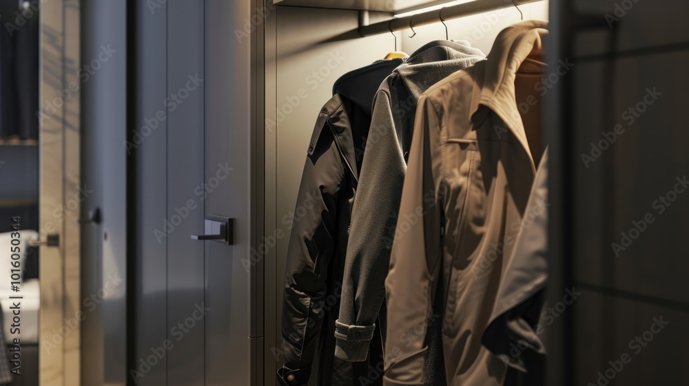 Poster Close-up of three jackets hanging on a coat rack in a closet