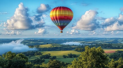 Fototapeta premium Colorful Hot Air Balloon Soaring over a Scenic Green Landscape. Summer Time Inspiration Travel Theme