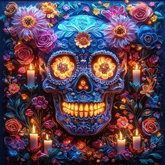 Obraz premium Vibrant neon skulls adorned with floral patterns and candles, perfect for Day of the Dead celebrations, offering ample space for personalization in themed events and memorials.