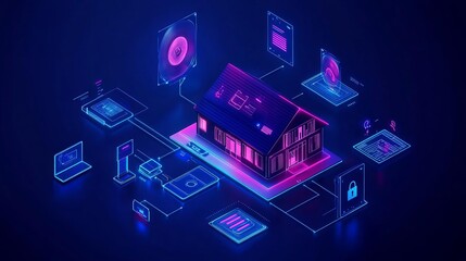 Fototapeta premium Blockchain-driven IoT devices, virtual hologram connectivity, ultra-futuristic home