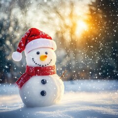 Fototapeta premium Funny snowman in red santa hat and yellow scalf on snowy field Christmass and New Year background