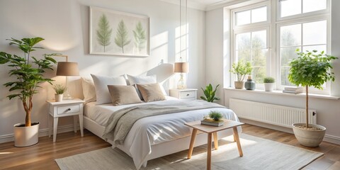Fototapeta premium This tranquil white bedroom combines minimalist furniture with soft lighting to establish a calming atmosphere, ideal for relaxation and peaceful