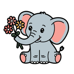 Cute cartoon elephant holding flowers illustration