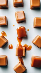 Delicious caramel candies with sweet syrup drizzle on white background