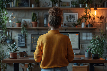 A person feeling motivated while working at a standing desk, A young woman stands at her desk, surrounded by greenery, working on a computer in a cozy, stylish home office environment.