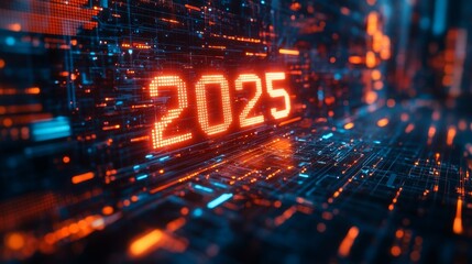 A futuristic vision of 2025 blending cybernetics and digital landscapes