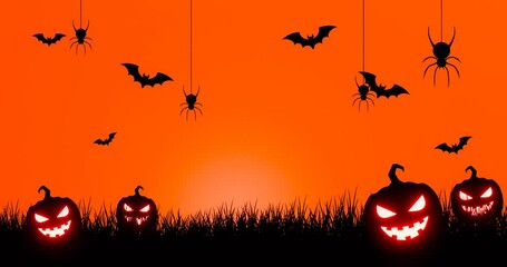 Halloween background for party invitation. orange halloween banner or background with cutest pumpkins spider and bats. Silhouette image on the theme of Halloween, grass and spiders. 3D Rendering