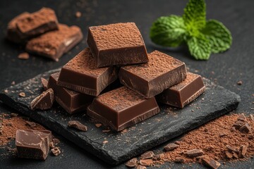 Close-up of delicious chocolate squares dusted with cocoa powder, arranged on a slate board with a sprig of fresh mint leaves.