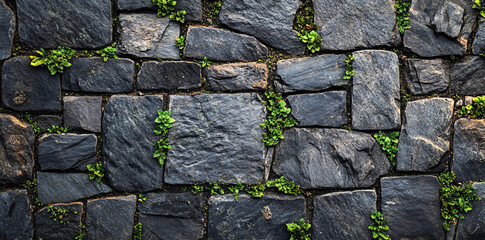 Close up of pavement with green moss between bricks Geometric patterns in natural and urban settings Seamless cobblestones and moss textures Moss removal from the pavement Paving stones
