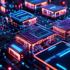 Fototapeta premium Virtual blockchain ledger, floating holograms, intricate neon circuits, dark cyberpunk background