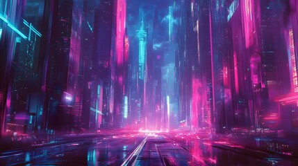 Abstract, futuristic city of concrete and neon. Night city view, illumination. Dark street, abstract scene, neon rays. 