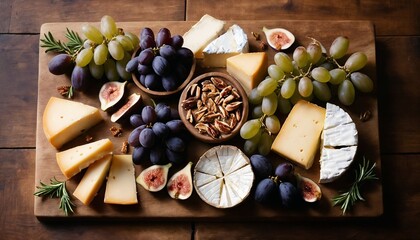 Artisan cheese platter with figs, grapes, and pecans on a rustic wooden board for gourmet events