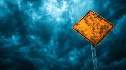 A weathered yellow diamond-shaped road sign with a blank space stands against a backdrop of ominous stormy clouds.