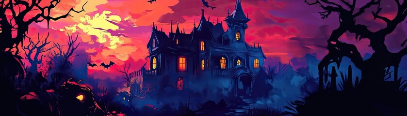 A hauntingly beautiful scene of a spooky mansion under a vibrant sunset, perfect for Halloween themes or atmospheric art.