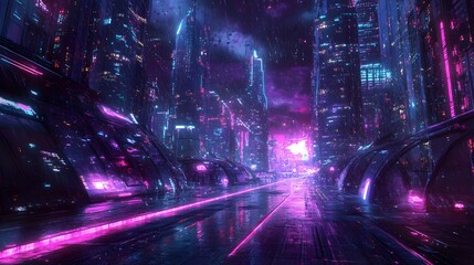 Abstract, futuristic city of concrete and neon. Night city view, illumination. Dark street, abstract scene, neon rays. 