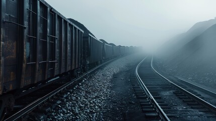 Obraz premium A Train Carrying Coal Through Foggy Mountains