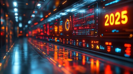 Futuristic data dashboard with glowing charts and indicators projecting insights for 2025