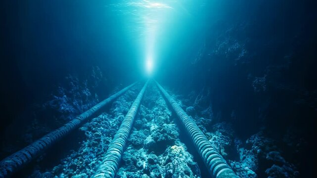 Underwater power cables stretching across the ocean floor in a deep blue sea environment, 4k video