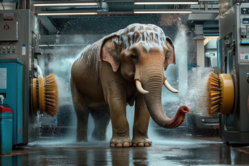 An elephant standing in the middle of an automated car wash, surrounded by large rotating brushes and water spraying from various directions.