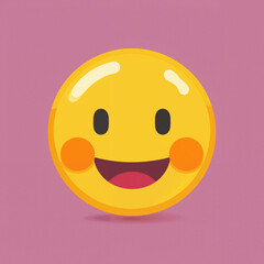 Obraz premium A flat design illustration of a yellow emoji with a wide, open-mouthed smile, red lips, brown eyes, and orange blush marks on its cheeks. It is set against a pink background with a slight shadow under