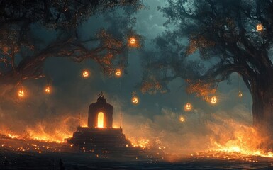 A mystical scene with glowing lanterns in an enchanted forest at dusk, creating an atmosphere of magic and wonder.