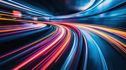 Dynamic light trails on a dark road, showcasing vibrant colors and motion blur, creating a sense of speed and excitement.