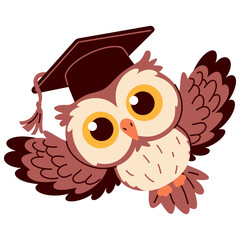  Flat vector illustration in children's style. Cute owl wearing a graduation cap is flying. Vector illustration